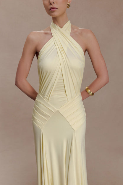 Vestido largo halter fruncido Indira - Limón
