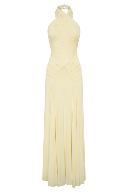 Vestido largo halter fruncido Indira - Limón
