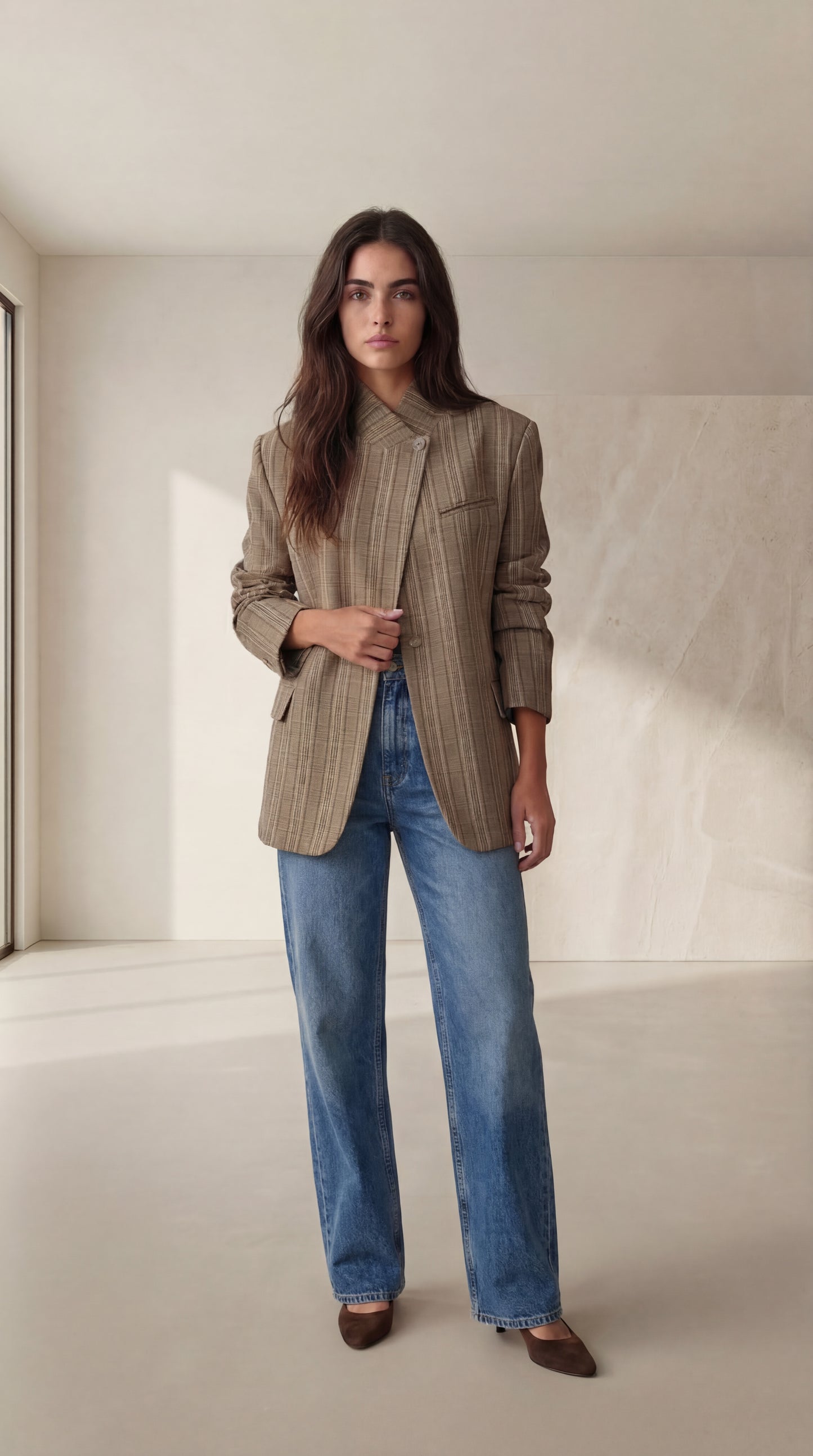 Blazer asimétrico a cuadros en color topo - RESERVA. Envíos del 13 al 20 de marzo