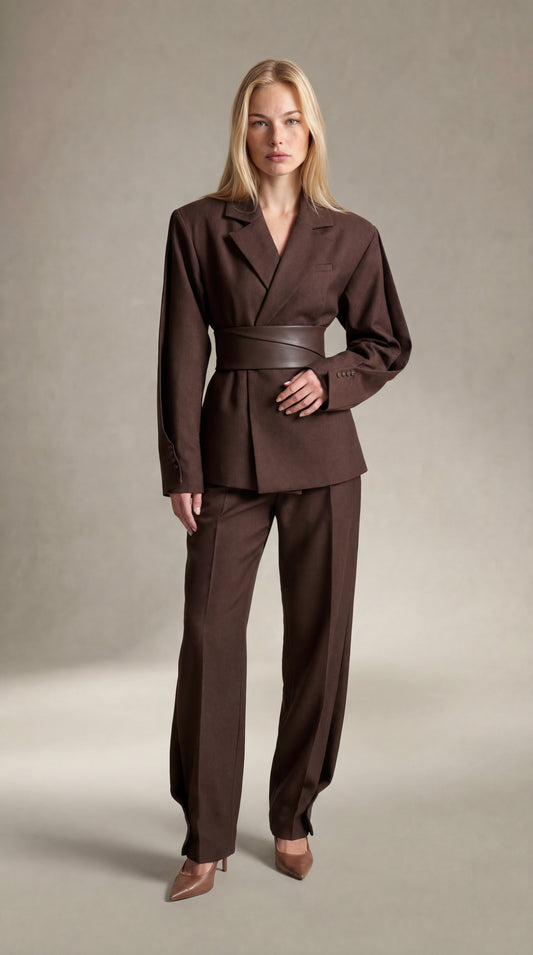 Maria - Blazer entallado con mangas retorcidas y cinturón - Marrón