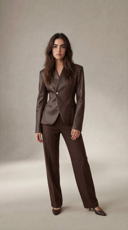 Ina - Blazer kimono de cuero con cintura ajustada - Marrón