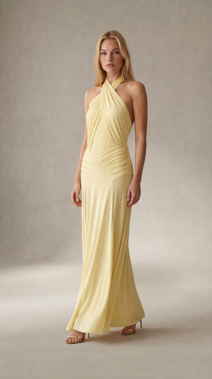 Vestido largo halter fruncido Indira - Limón
