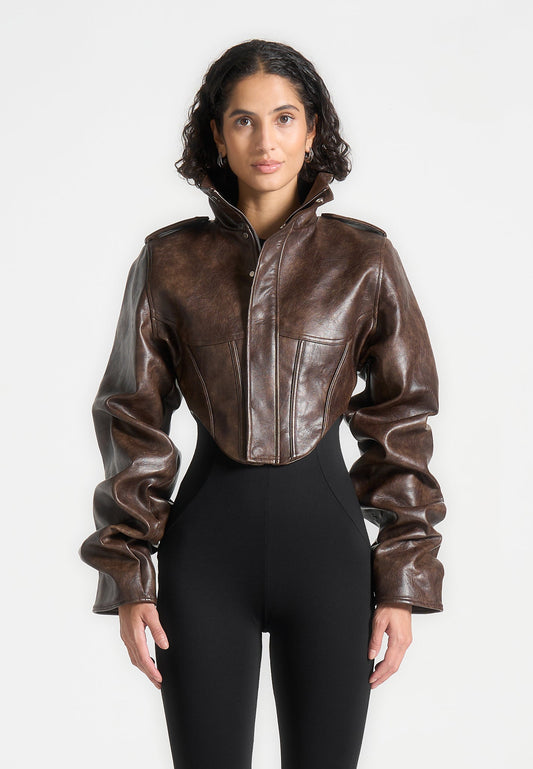 Solange - Chaqueta corsé vintage de cuero con mangas remachadas - Marrón