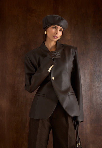 Ina - Blazer kimono de cuero con cintura ajustada - Marrón